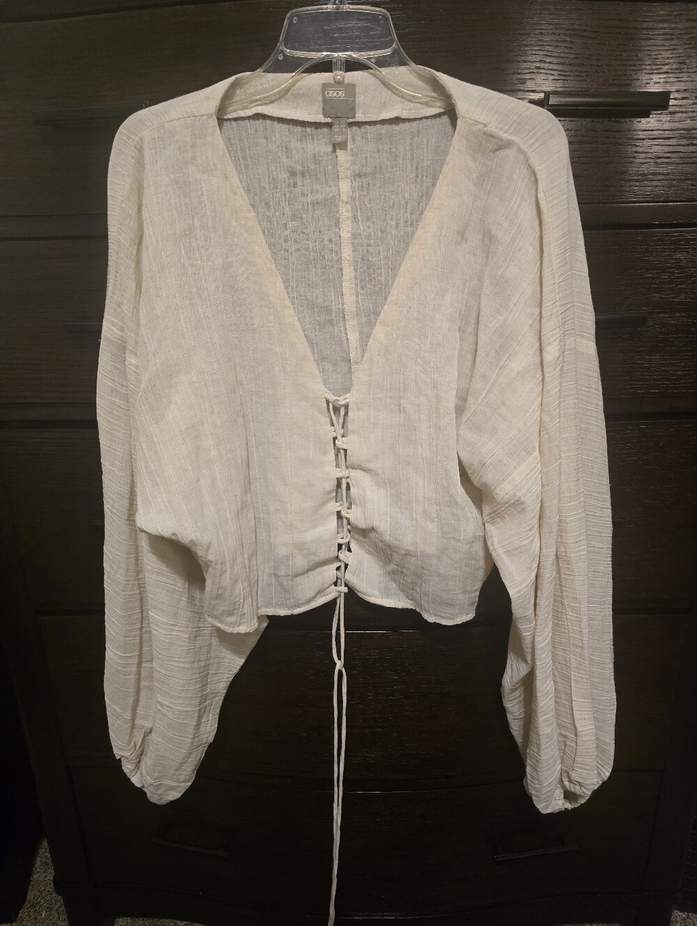 ASOS Bohemian Oversized Puff Sleeve Cream Lace-Up V-Neck Linen Feel Top Blouse